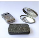 A pewter snuff box decorated with a hunting scene on the lid, Friebourg & Trevor, London, together