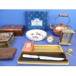 A selection to include a 19th century walnut and Tunbridgeware banded jewellery box, a copper