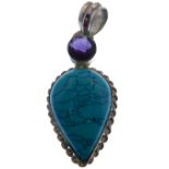 An inverted pear-shaped silver pendant set with a conforming turquoise polished en cabochon below