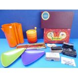 Mid to late 20th century collectables to include a bright orange plastic jug and cups set, Scrabble,