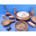 Various interesting treen to include three bowls, an Irish bog oak pig carved with shamrocks,