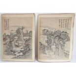 A pair of Chinese watercolours on paper - a mountain and a waterfall scene with stylised clouds,