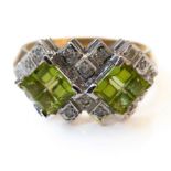 A 9-carat gold, peridot and diamond cluster ring, ring size O