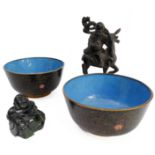 Two cloisonné rice bowls, a small carved jade Buddha and a carving of an immortal astride a deer (