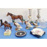 A pair of French faience candlesticks in Quimper style (24cm high), a large Beswick mare (20.5cm