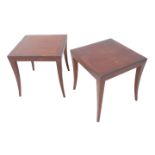 A pair of modern designer hardwood (rosewood family?) occasional tables, the banded tops above