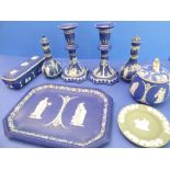 20th century Wedgwood Jasperware to include a pair of candlesticks (18cm), a pair of guglets (