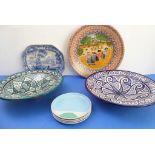 Three large hand-decorated Portuguese ceramic bowls (40cm, 42.5cm and 43cm), together with a 19th