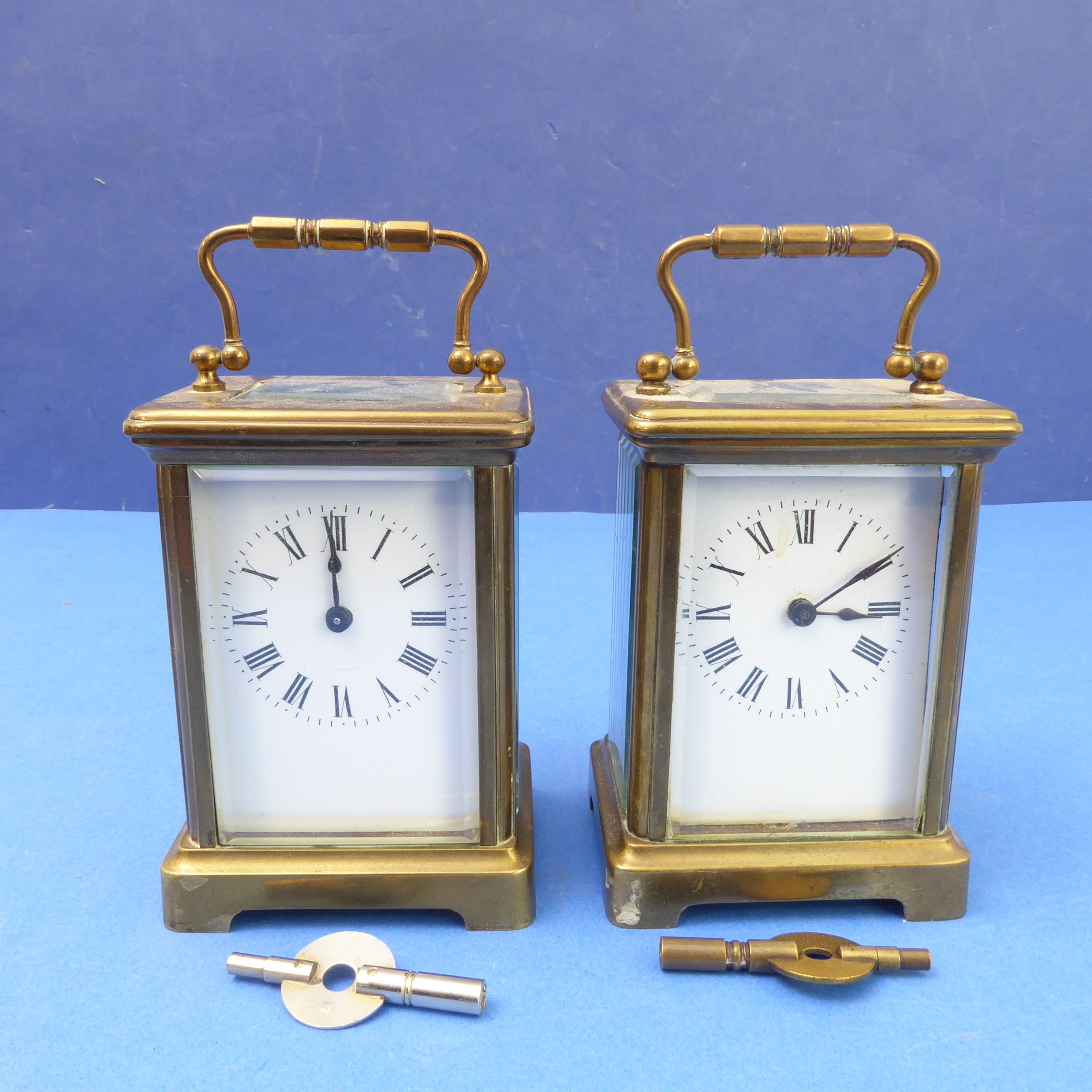 Two very similar 20th century brass carriage clocks each with white enamel dial with Roman numerals, - Image 4 of 8