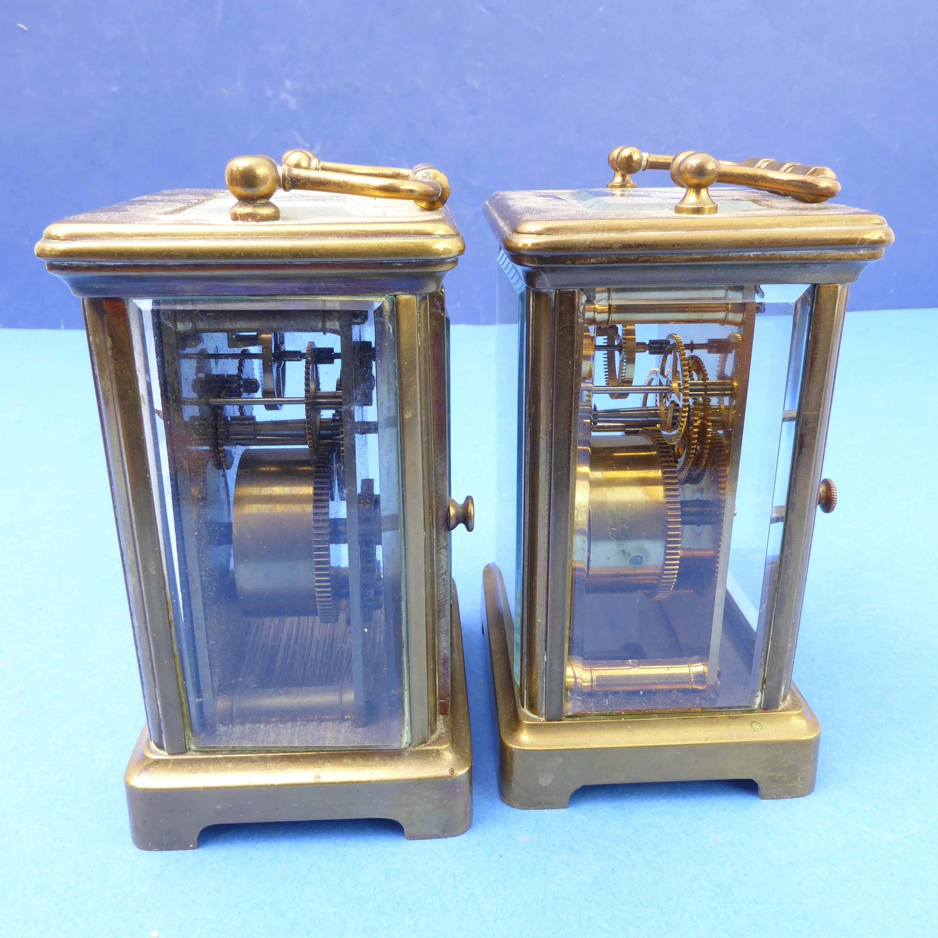 Two very similar 20th century brass carriage clocks each with white enamel dial with Roman numerals, - Image 6 of 8