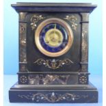 A heavy 19th century black slate, gilt-highlighted and marbleate eight-day mantle clock; 4in blue-