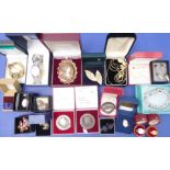 A large boxed cameo brooch, together with other costume jewellery to include a 19th century silver