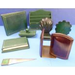 Fine quality leather-bound and gilt tooled desk equipment to include a pair of green Italian leather