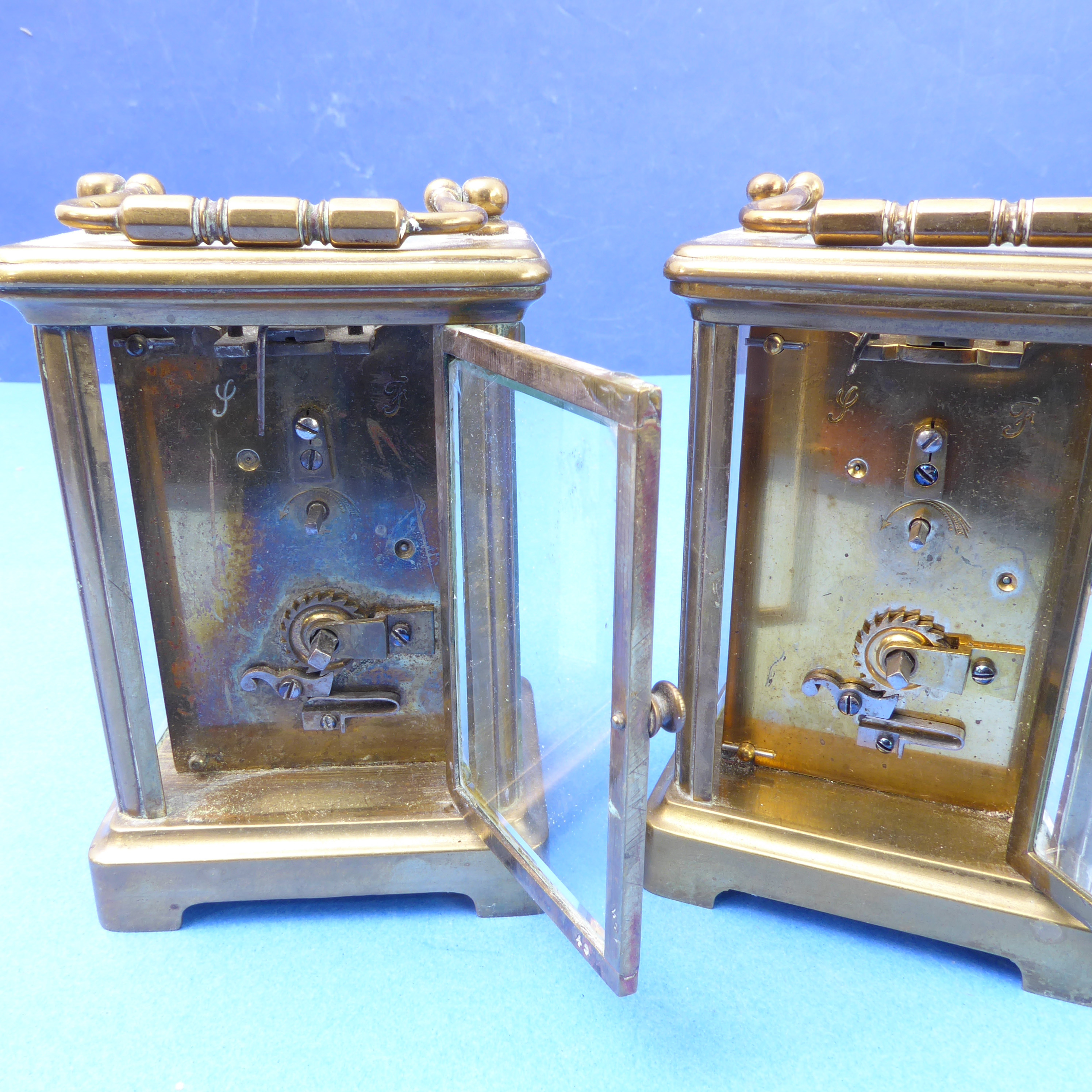 Two very similar 20th century brass carriage clocks each with white enamel dial with Roman numerals, - Image 7 of 8