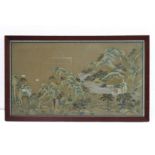A printwork scene depicting pagodas and Japanese buildings before water and amongst mountains (