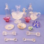 Interesting glassware to include a pair of 19th century decanters with stoppers (18cm high), a