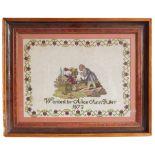 A needlework sampler 'Worked by Alice Ann Riley 1873', later framed and glazed (sampler size 30.