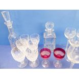 Fine quality glassware to include a hand-cut Spode decanter, a hand-cut mallet-shaped decanter, a