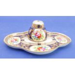 A Crown Staffordshire porcelain inkstand; hand-gilded and decorated in enamel with three floral