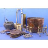 A 19th century rivetted copper (31cm high and 49.5cm rim diameter) and fireside items to include a