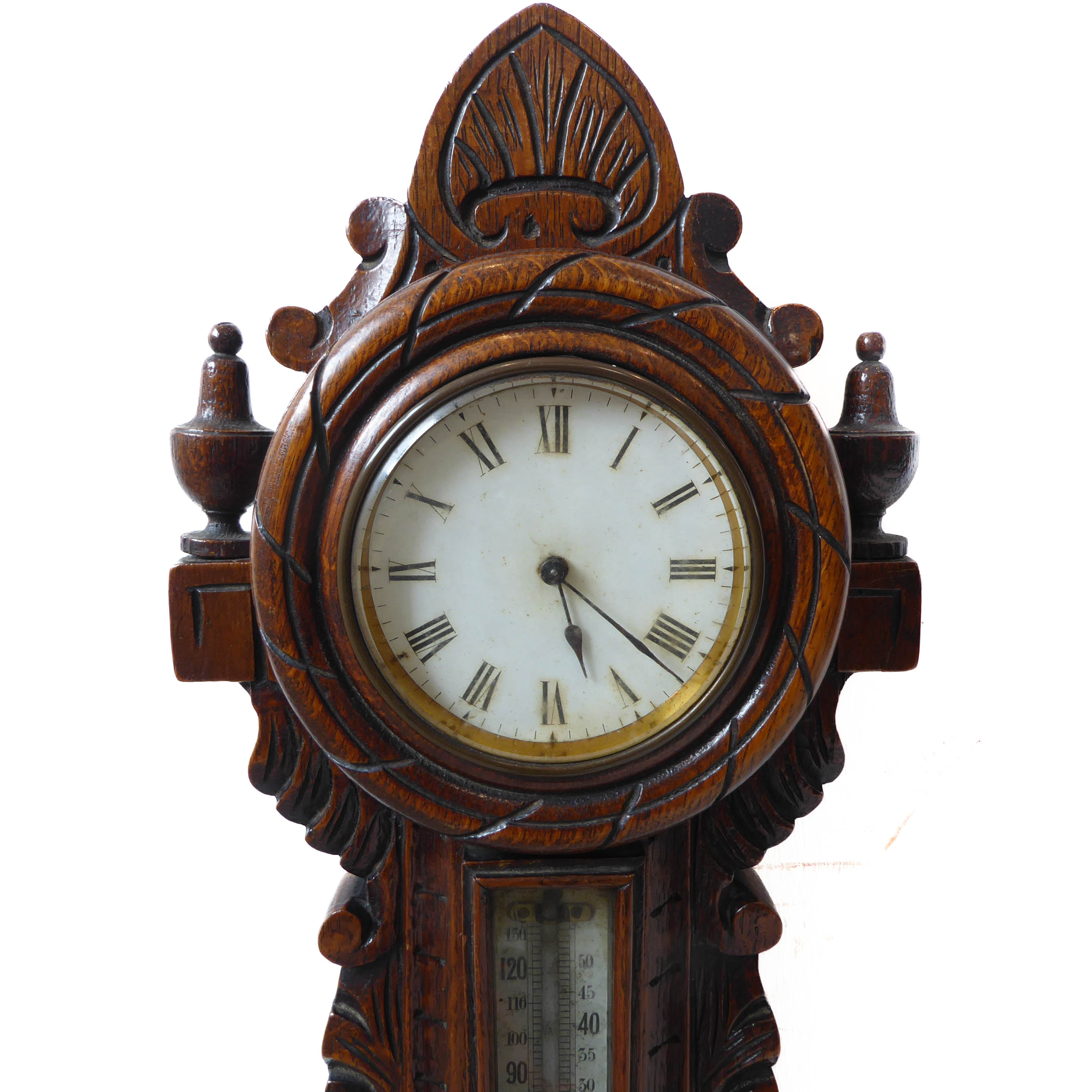 A late 19th century combined clock thermometer and barometer; nautical themed carved oak case with - Image 2 of 3