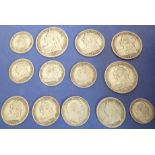 Thirteen mostly Queen Victoria silver coins: 1 x half crown, 3 x florin, 8 x shilling and 1 x 6d (11