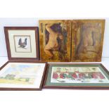 An interesting selection of various wall hanging decorative pictures and prints to include the '
