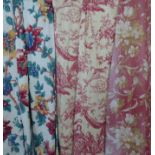 Four pairs of patterned cotton curtains: Cream and burgundy toile de Jouy, pencil pleat heading,
