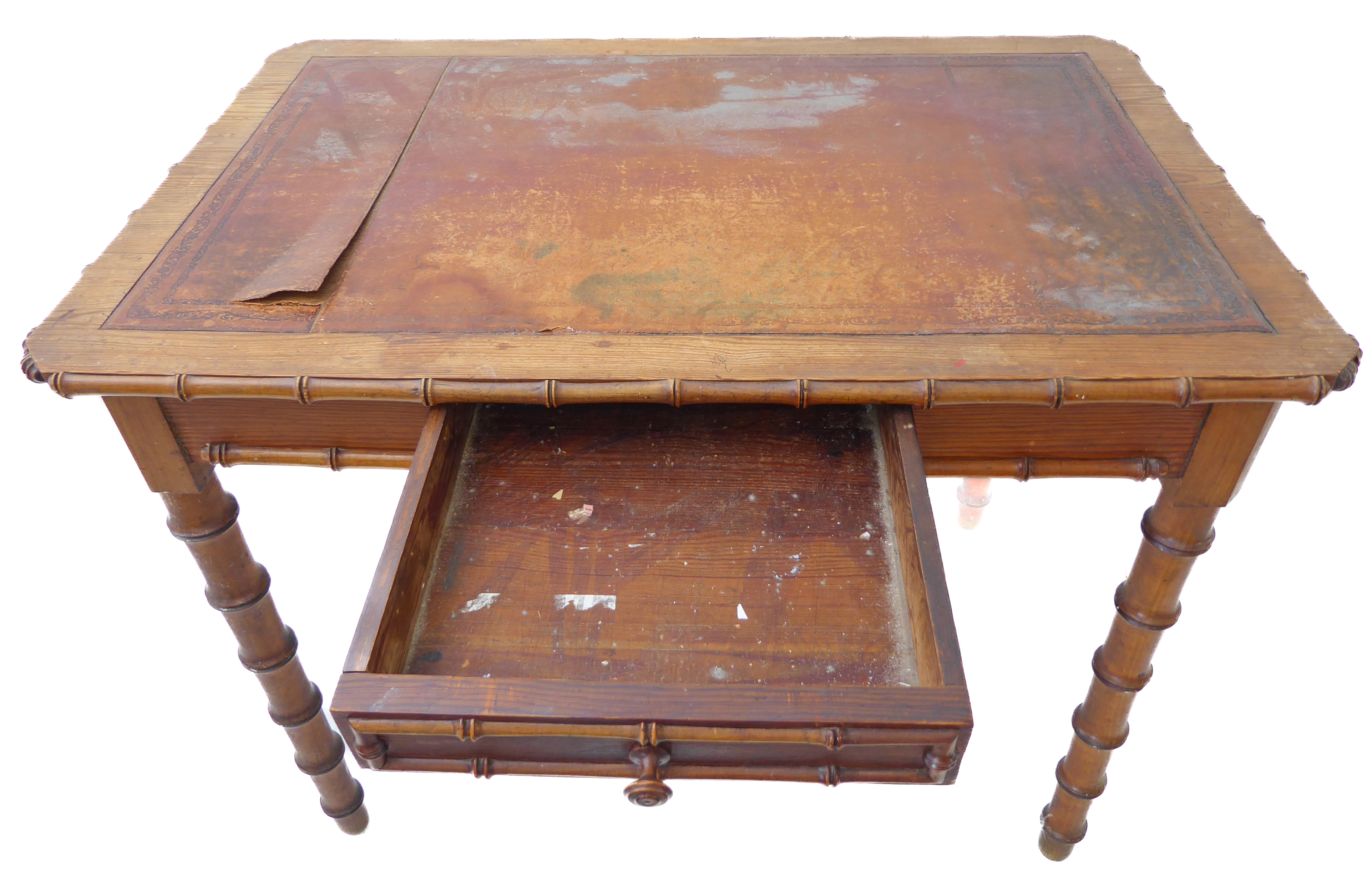 A late 19th century Aesthetic movement Oregon pine writing table: the leather inset top with faux - Image 3 of 5