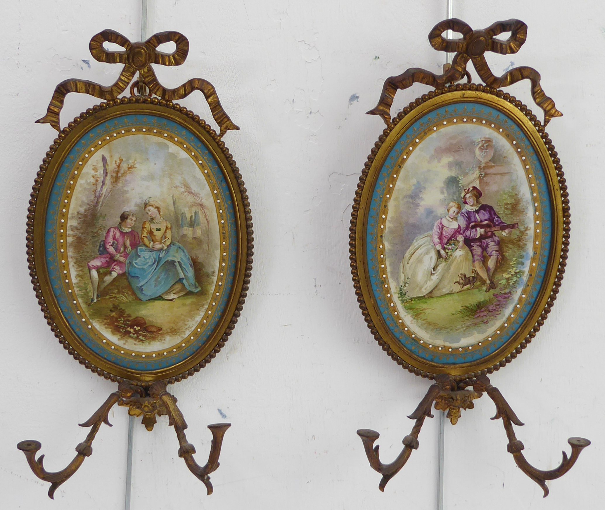 A pair of 19th century French gilt-metal and oval porcelain girandoles (minus candleholders / drip - Image 2 of 9