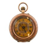 A 9-carat yellow-gold open-faced pocket watch: the finely engraved dial with Roman numerals,