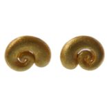 A pair of tapering spiral earrings, each with a textured cross hatched finish and stamped '585' (