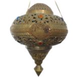 A 'jewelled' pierced Eastern brass (probably Indian) decorative ceiling hanging with four applied