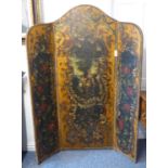 A 19th century two-fold painted room screen: wooden outer frame and the leather panels very ornately