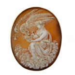 An oval shell cameo depicting a seated Hebe feeding an eagle, within a yellow gold collet frame with