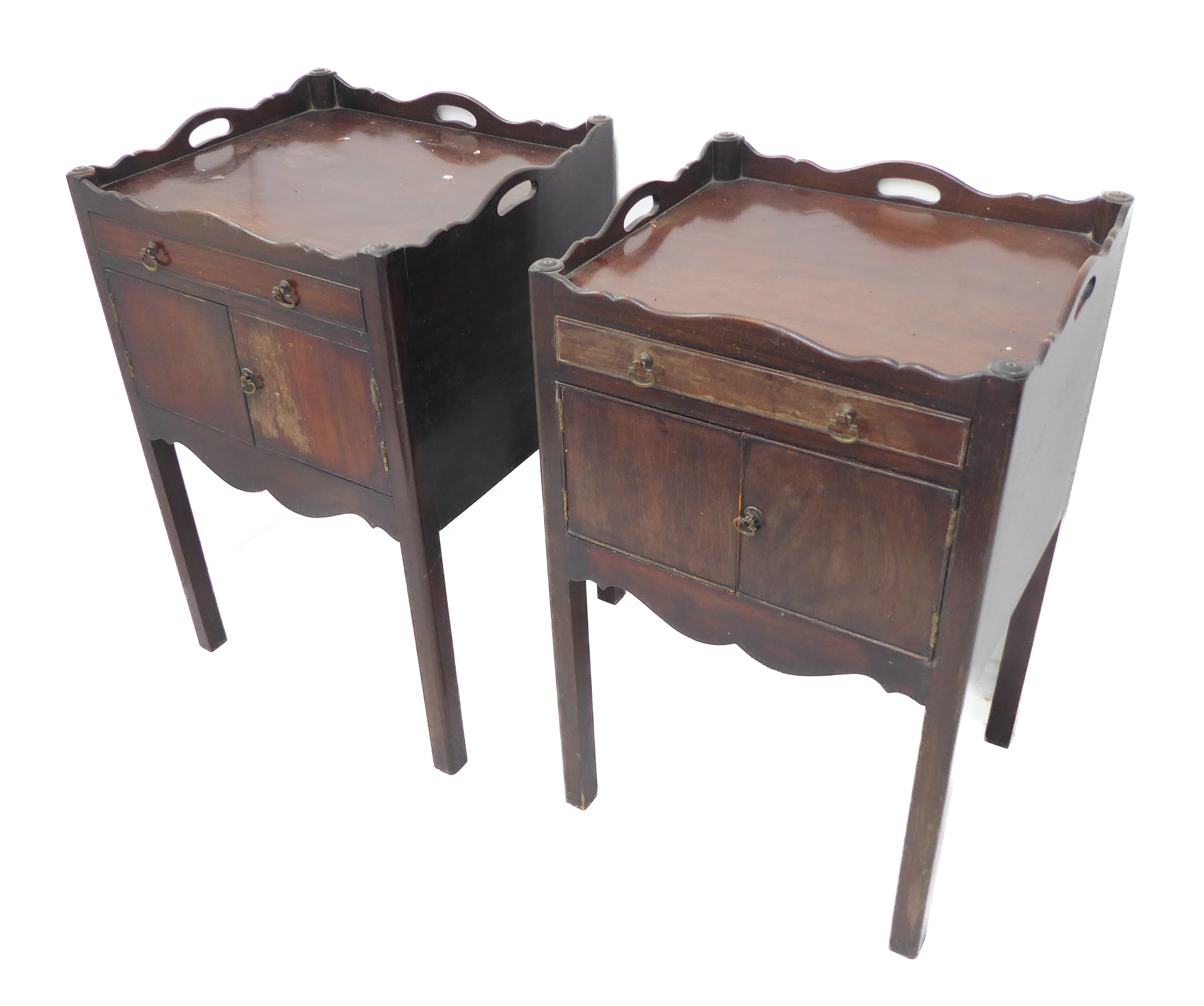 Two very similar George III style tray top mahogany commodes: each with single drawer, two