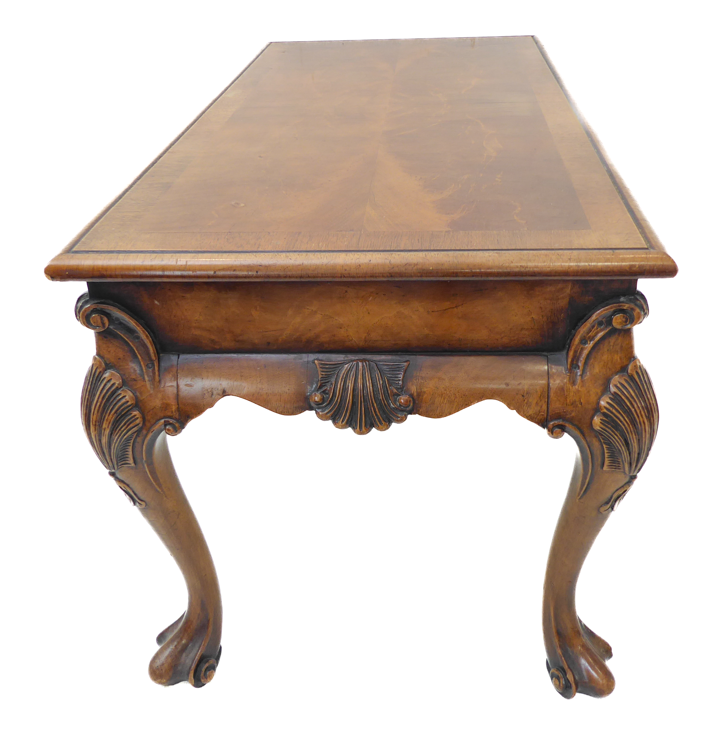 A good walnut coffee table in 18th century style: the quarter veneered crossbanded moulded top above - Image 3 of 4