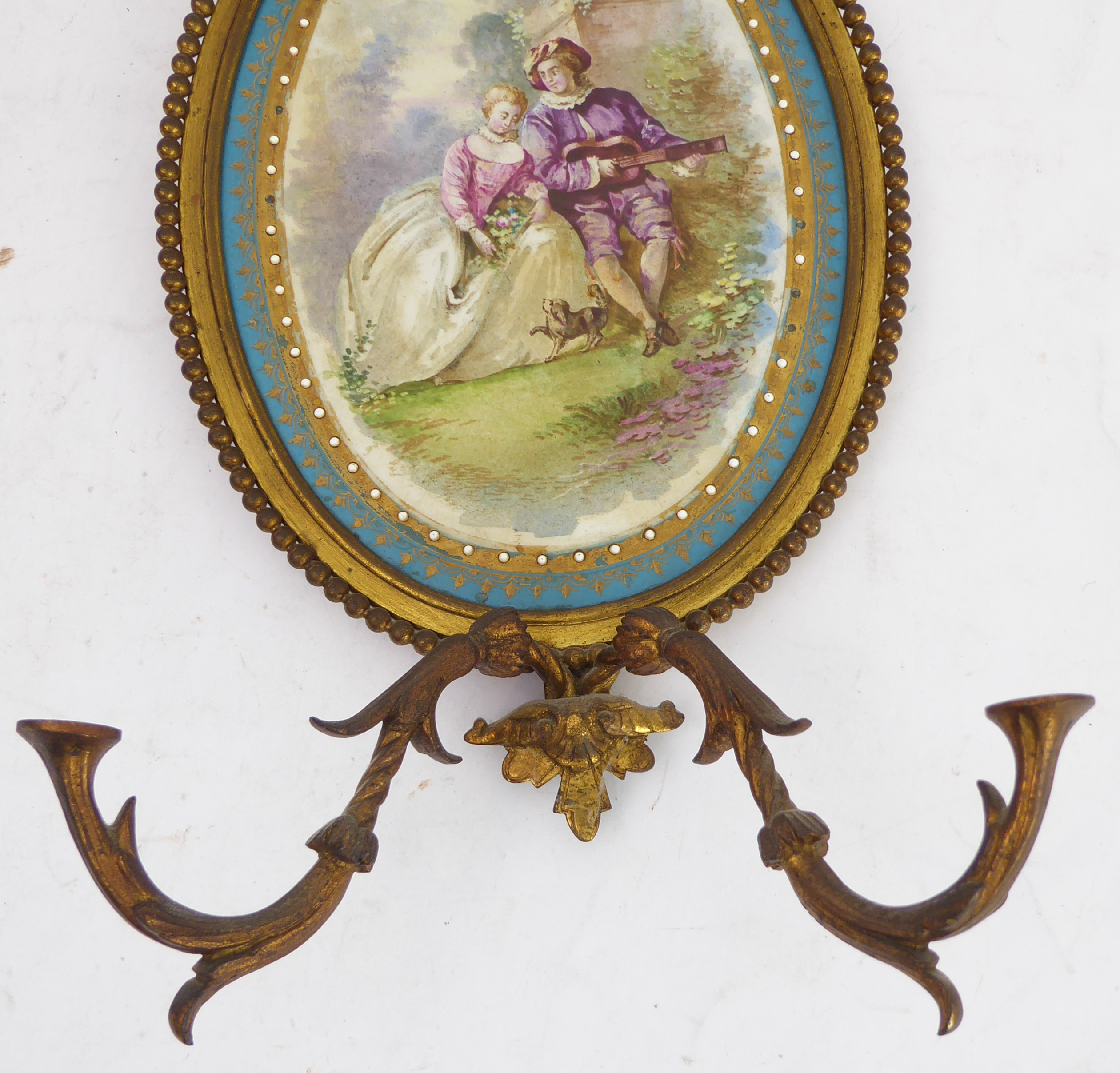 A pair of 19th century French gilt-metal and oval porcelain girandoles (minus candleholders / drip - Image 9 of 9