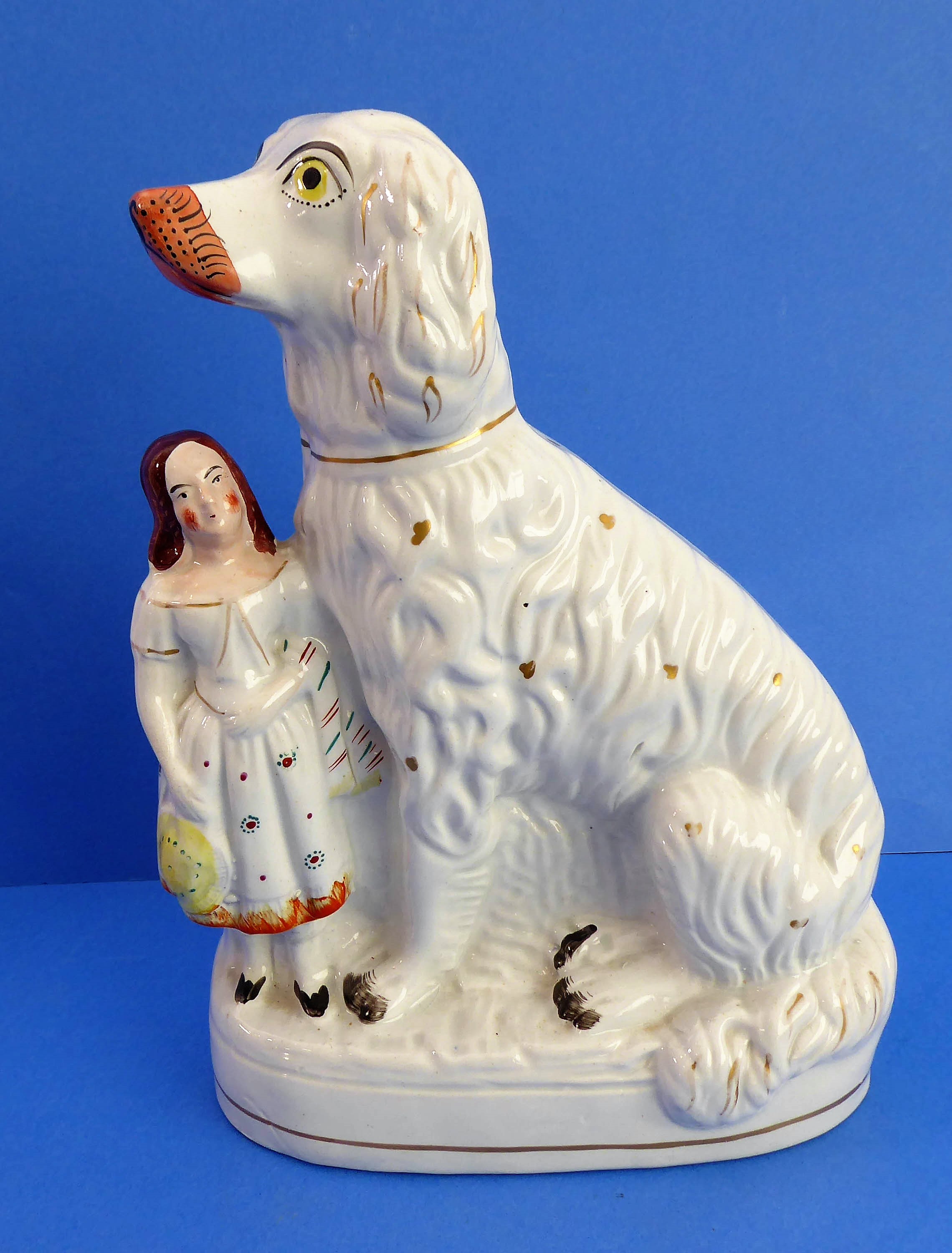 A large and rare pair of Staffordshire spaniels with male and female figure attached. - Image 2 of 5