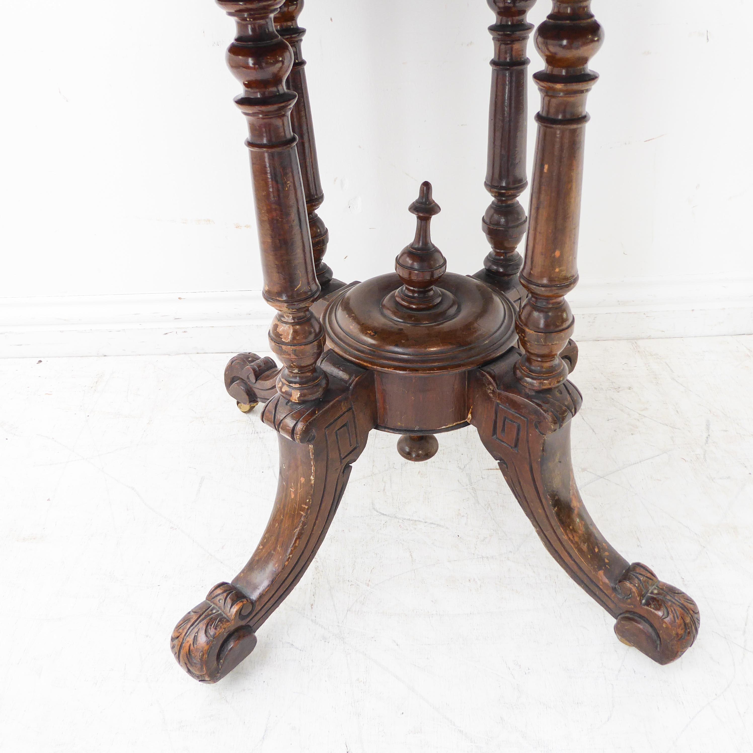 A pair of octagonal quarter-veneered walnut centre tables: each with laurel leaf style marquetry - Image 4 of 5