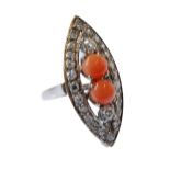 A fine quality French 18-carat white gold marquise ring set with coral and diamonds, ring size K