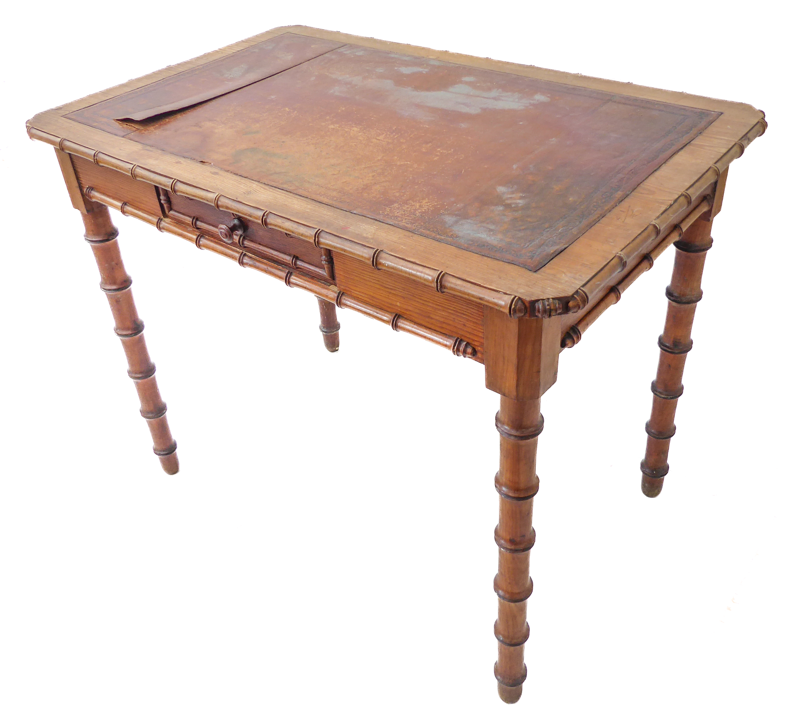 A late 19th century Aesthetic movement Oregon pine writing table: the leather inset top with faux