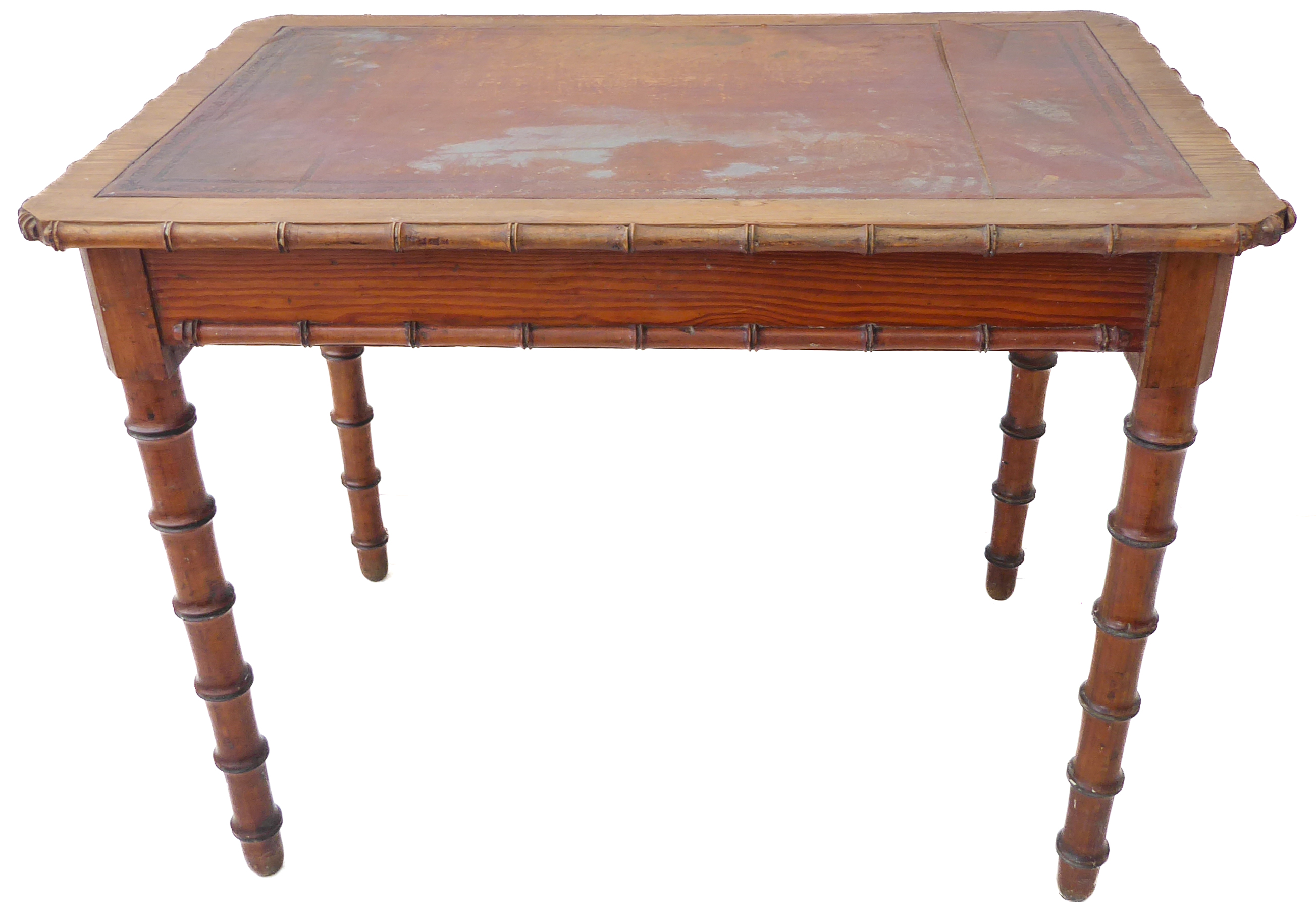 A late 19th century Aesthetic movement Oregon pine writing table: the leather inset top with faux - Image 5 of 5