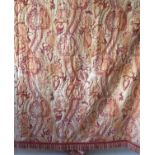 A pair of cream linen type curtains richly patterned with a mulberry and terracotta design edged