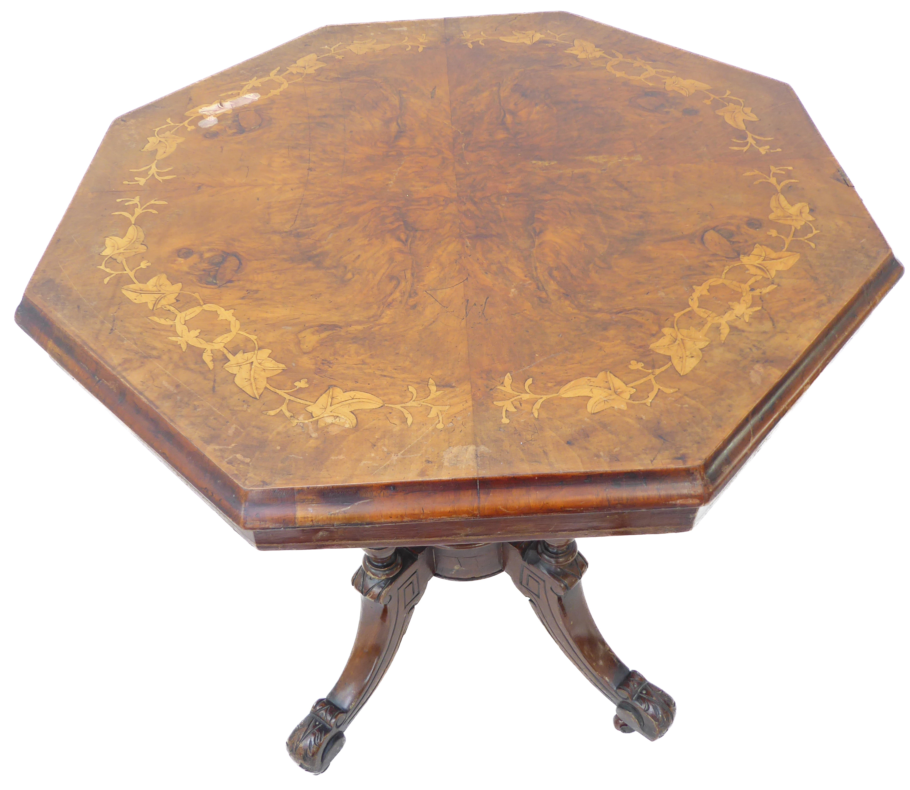 A pair of octagonal quarter-veneered walnut centre tables: each with laurel leaf style marquetry - Image 2 of 5