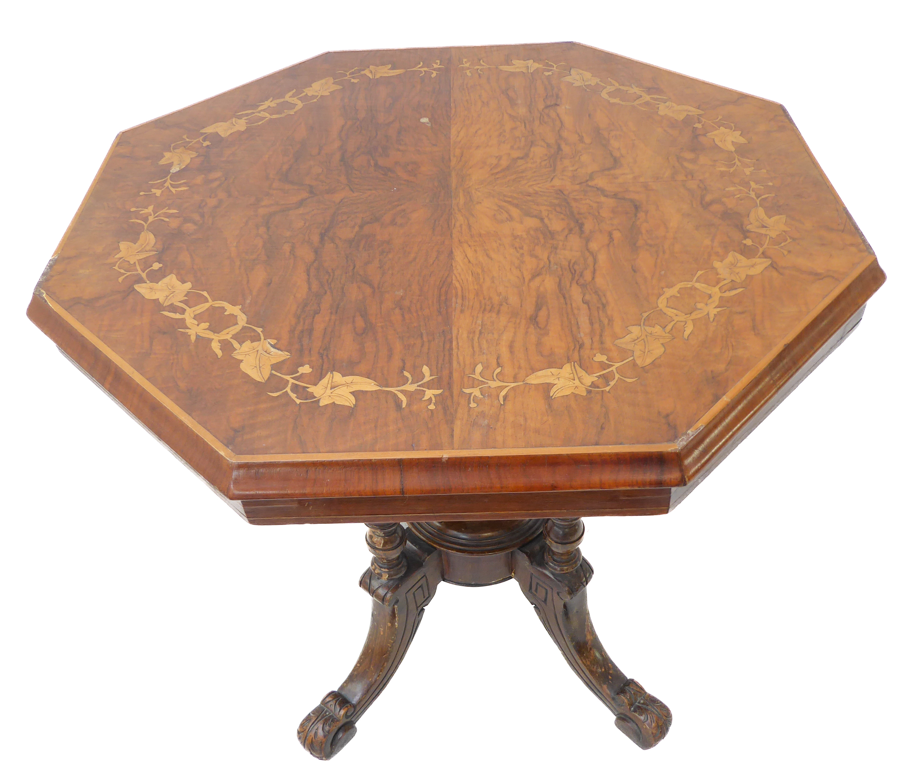 A pair of octagonal quarter-veneered walnut centre tables: each with laurel leaf style marquetry - Image 3 of 5