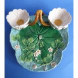 A Minton majolica strawberry server with two flower-shaped dishes for cream and sugar. Well-modelled