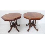 A pair of octagonal quarter-veneered walnut centre tables: each with laurel leaf style marquetry