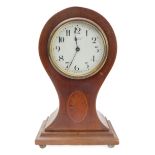 An Edwardian mahogany, boxwood strung and marquetry patera 'balloon' mantle clock: the white