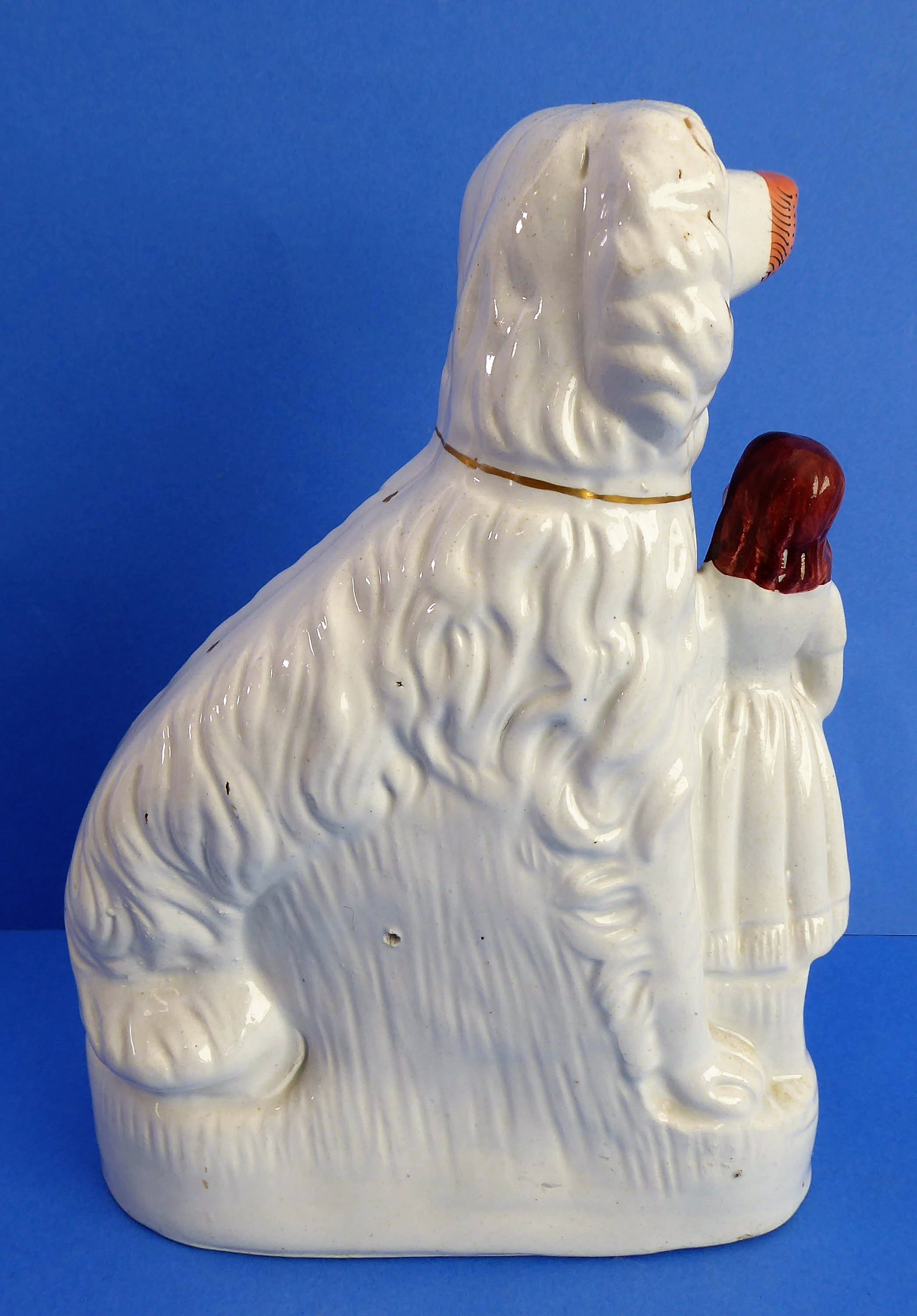 A large and rare pair of Staffordshire spaniels with male and female figure attached. - Image 3 of 5